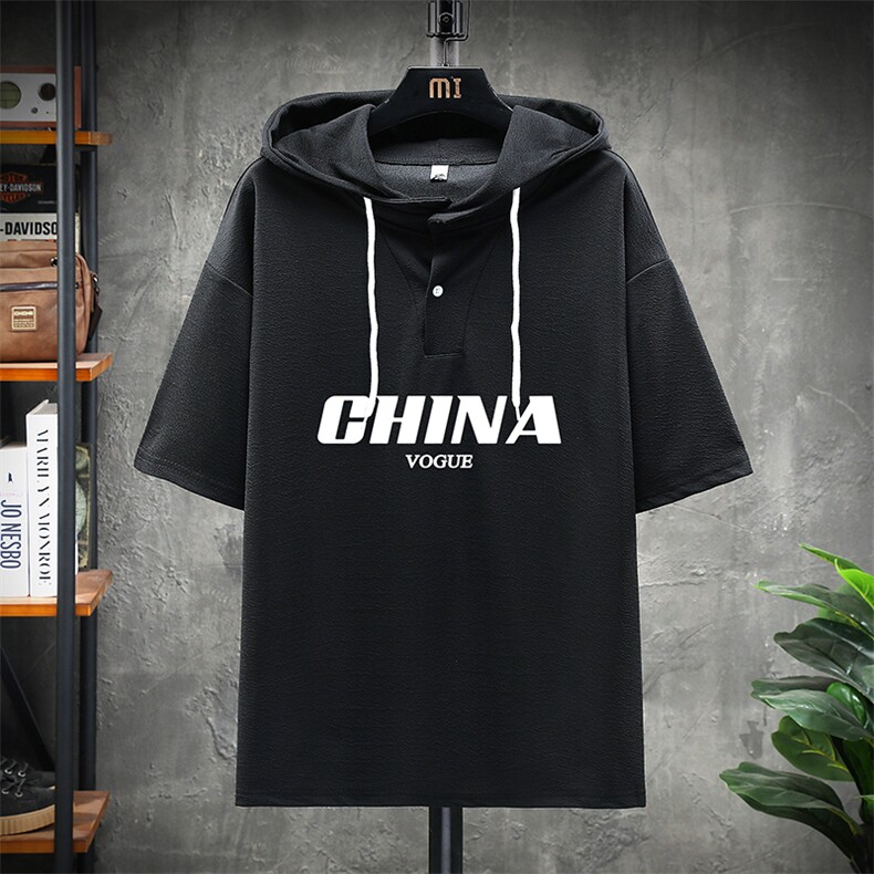 LD54001-P45 连帽短袖t恤男大码胖子带帽五分袖中袖 展架图片
