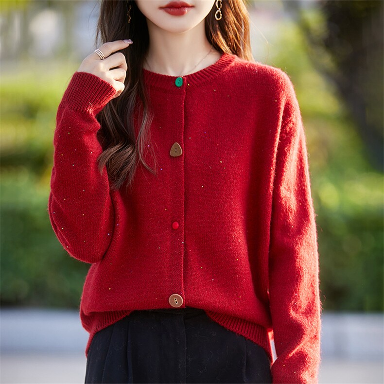 重磅加厚彩扣针织开衫女外套毛衣2025新款宽松版显瘦毛衫外搭上衣,针织衫/毛衣,暖烁特种纱工厂店