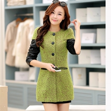 时尚拼接皮袖毛呢外套女秋冬季新款显瘦气质长款大衣，女装毛呢外套，尚娜萱