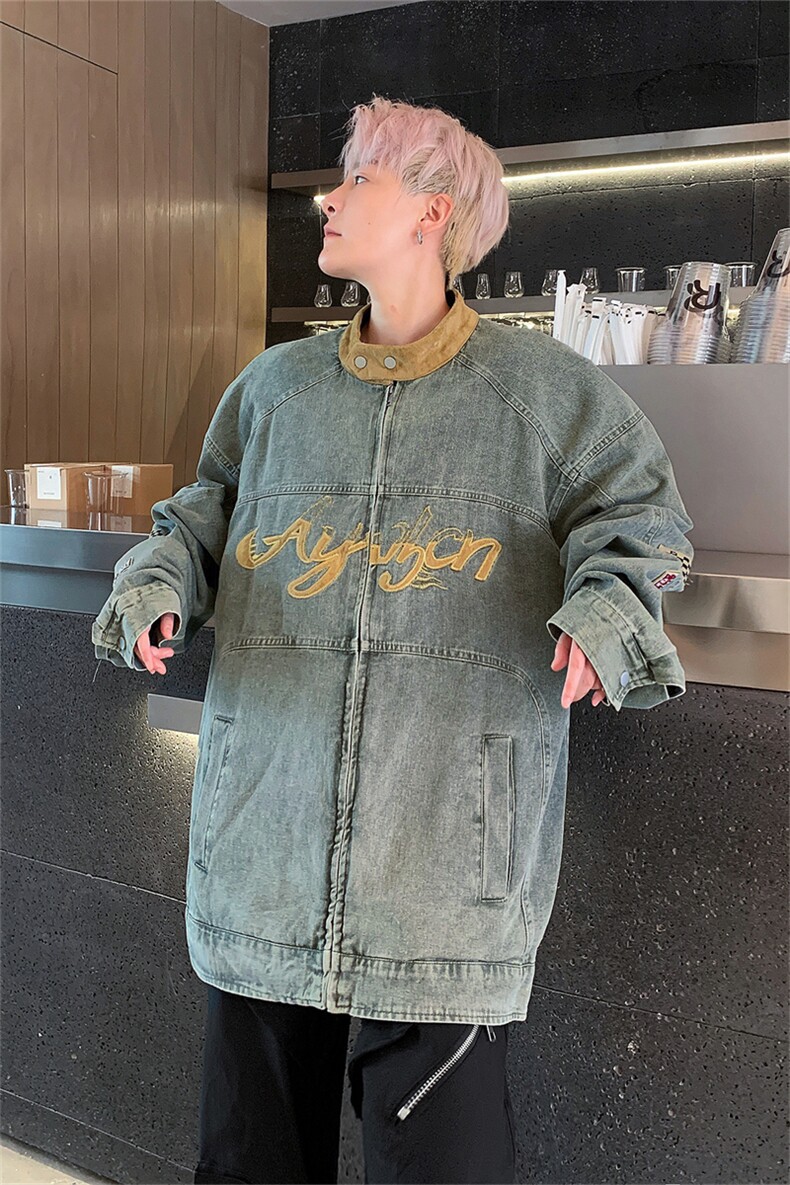 美式潮牌刺绣贴布小众设计水洗做旧春秋立领机车牛仔夹克男女外套,男装夹克,星座505-2（原电商A260-1)