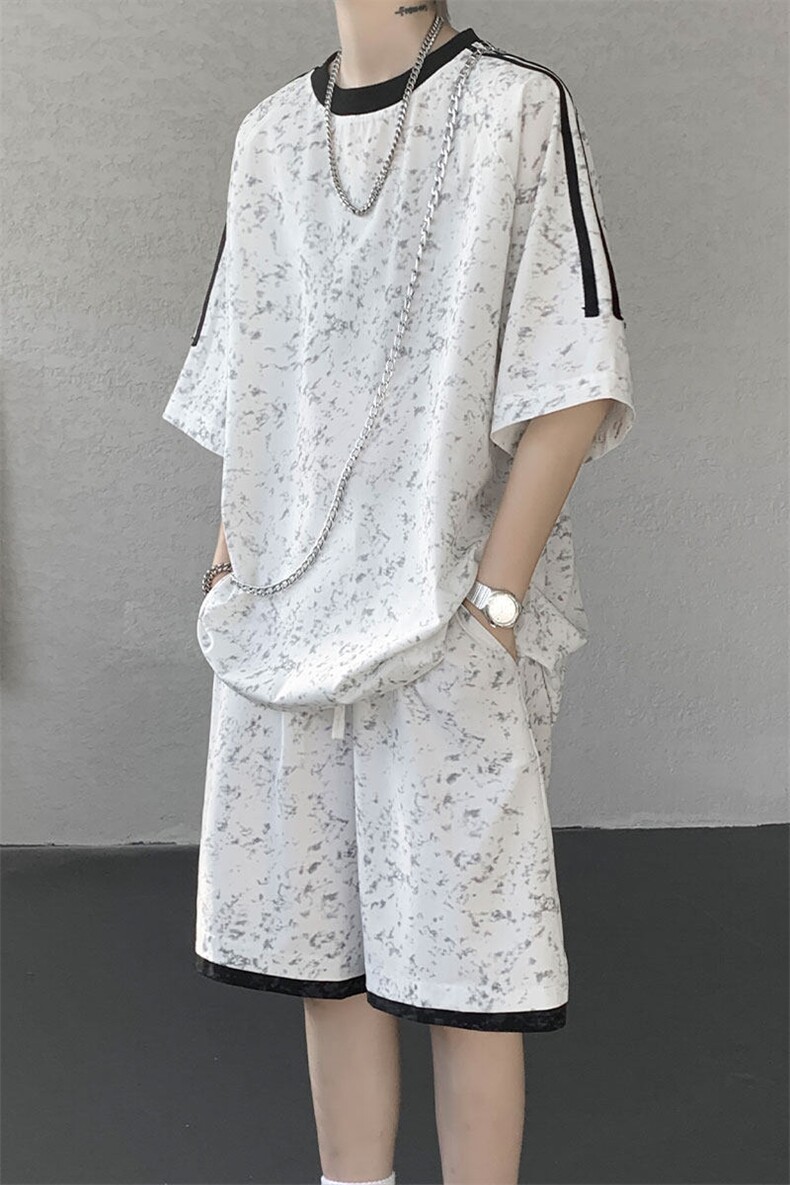 TZ787-特批55控98夏季休闲百搭扎染冰丝大码T恤短袖短裤套装男,男装牛仔裤,电商A059