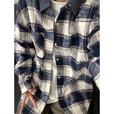 春秋季减龄翻领格子衬衫男拼接领女韩版休闲长袖上衣潮C53，男装衬衫，星座1116A（原606A-3）