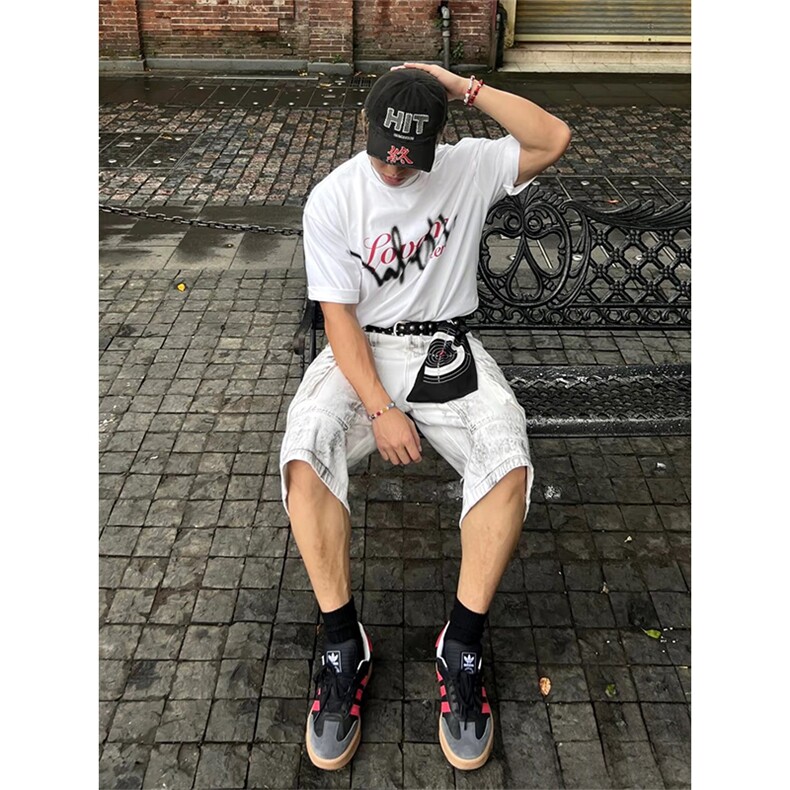 抖音得物供货210克现货宽松纯棉美式潮牌印花落肩袖纯棉T恤AT2194,男装T恤,电商A443