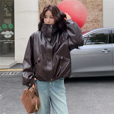 咖色美式复古加厚皮衣外套2025新款女冬爆款高级感毛绒绒夹克棉服，女装短外套，2C209