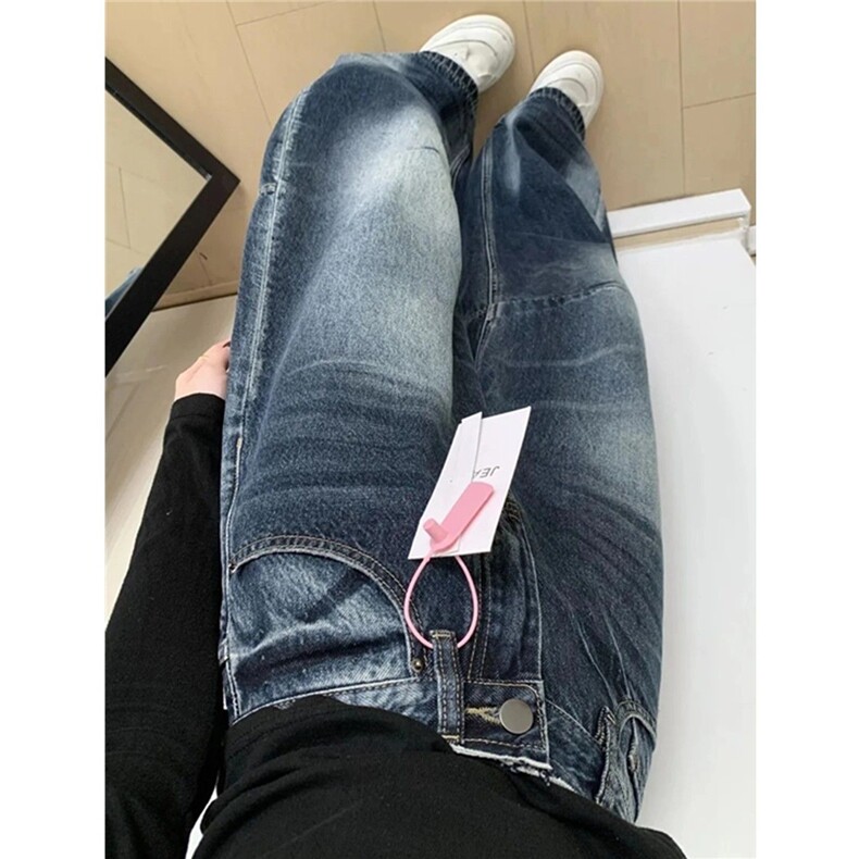 蓝灰色慵懒松弛风牛仔裤女小个子梨形宽松粗腿遮肉显瘦弯刀阔腿裤,男装牛仔裤,星座506A