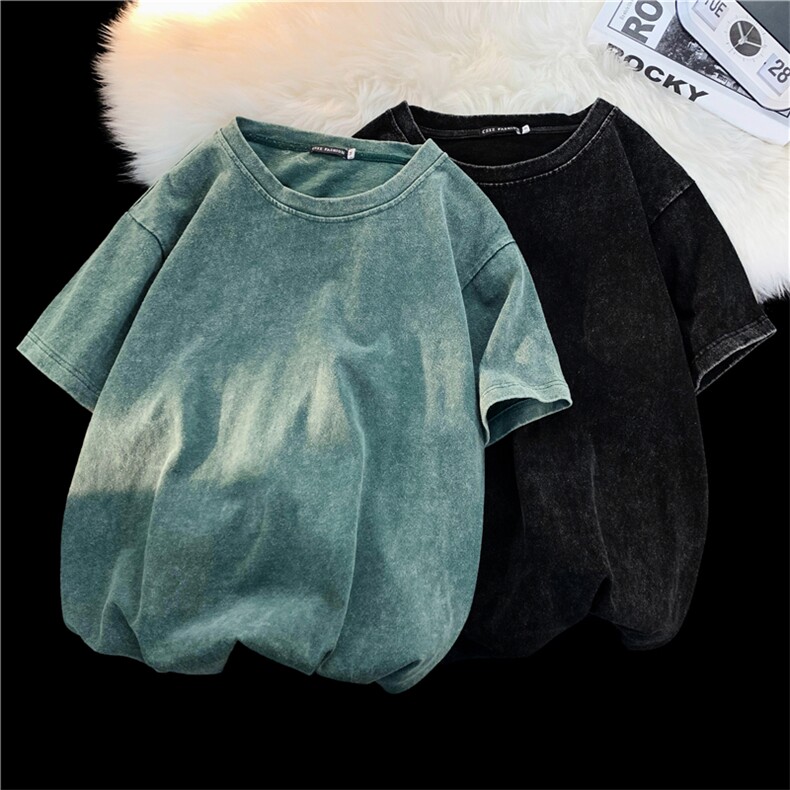 XZ213-T22-P45控58港风大码水洗做旧纯色宽松透气圆领短袖T恤,男装T恤,星座213