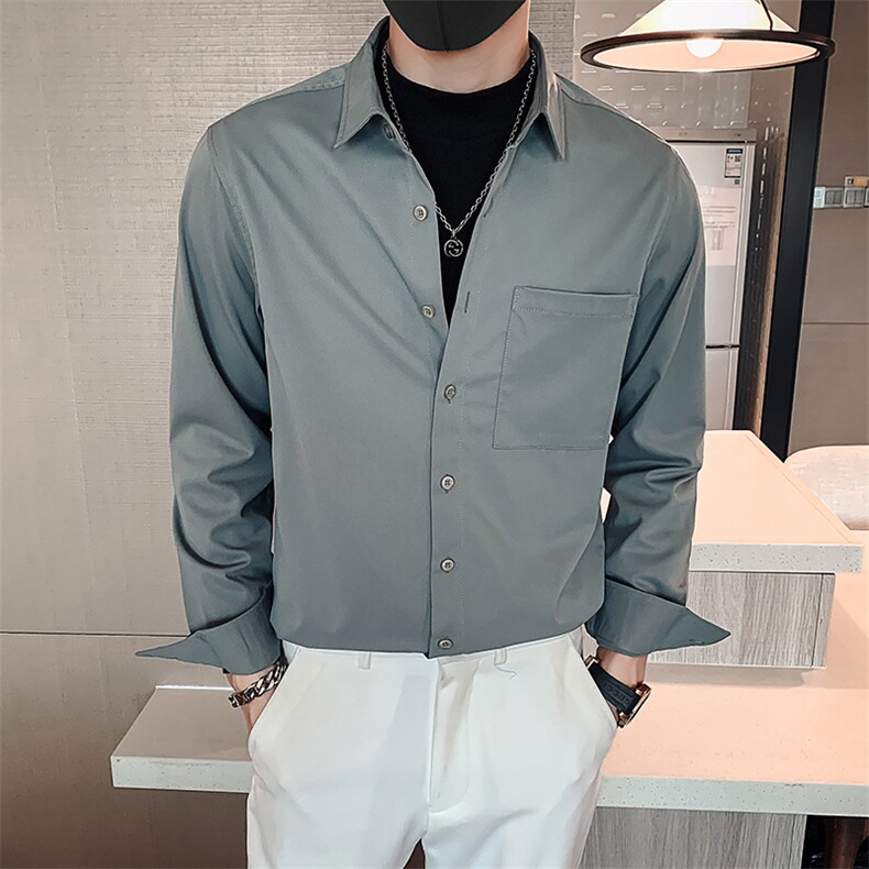 卡其2023春装社会小伙男士纯色修身长袖衬衫男潮CS049-P45控价68,男装衬衫,电商A108