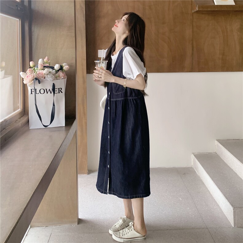 休闲衬衫牛仔背心连衣裙套装女夏2025新款学院风减龄爆款流行裙子,女装套装/套裙,2C012