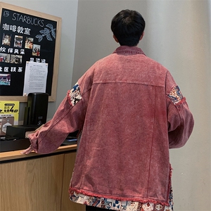 美式复古拼接牛仔外套男秋季2024新款设计感潮牌宽松休闲工装夹克图片