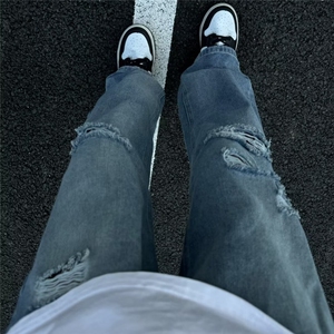 割破设计感破洞牛仔裤潮牌水洗做旧裤子男女同款西海岸炸街乞丐裤图片