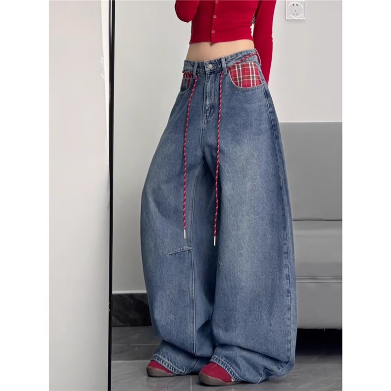 大码复古拼接设计感阔腿牛仔裤女春新款拼色格子宽松弯刀拖地裤，男装牛仔裤，星座813-2