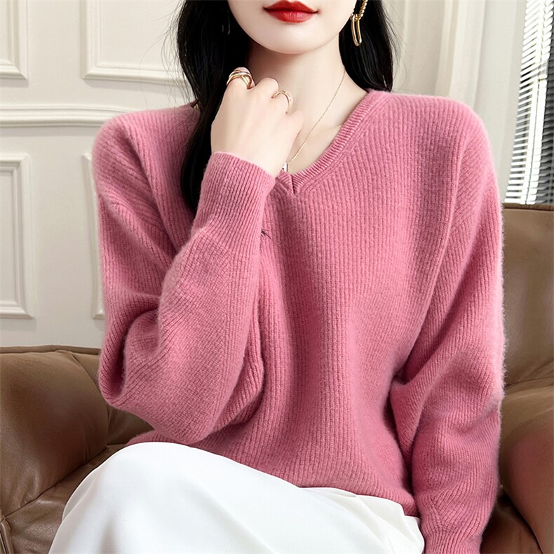 2024秋冬新款V领女纯色百搭套头毛衣宽松显瘦100羊毛打底衫,女装羊毛衫,蒙特羊绒