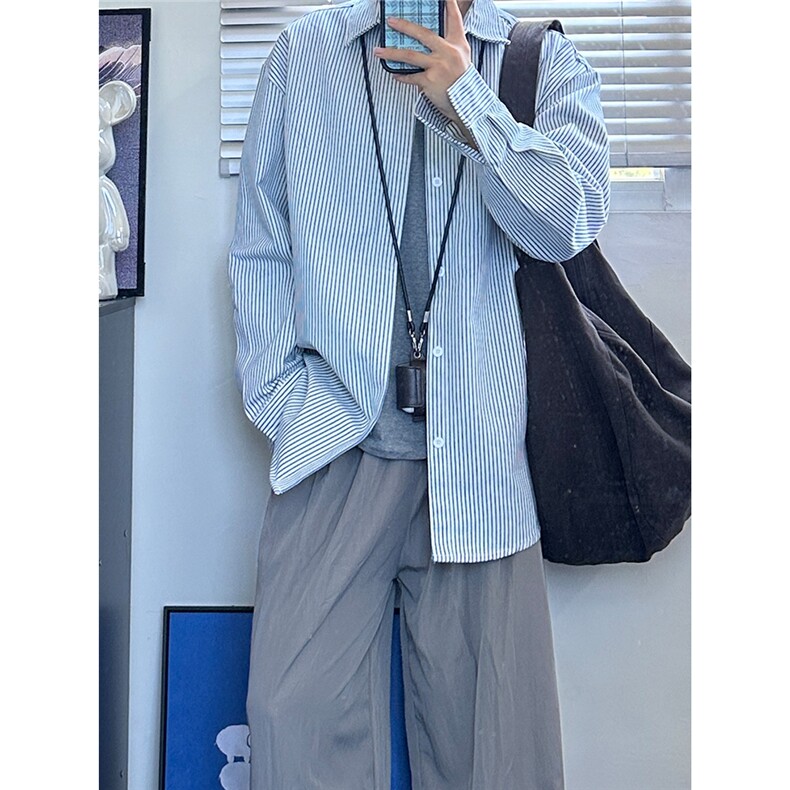 高品质牛仔条纹衬衫潮牌长袖衬衣潮流宽松休闲外套CS017-P30,男装衬衫,星座301C-5