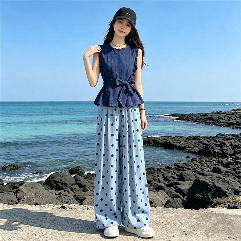 松弛感时尚洋气套装女夏季新款圆领无袖收腰上衣波点阔腿裤两件套,女装套装/套裙,江南