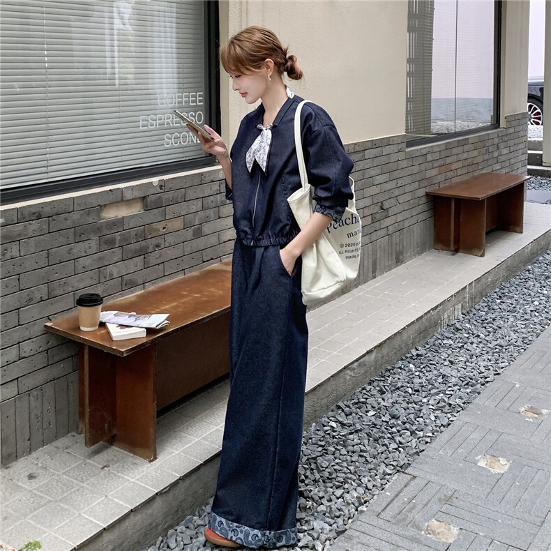 港风复古丝巾外套阔腿裤套装女春秋新款独特别致宽松显瘦两件套潮,女装套装/套裙,2C307