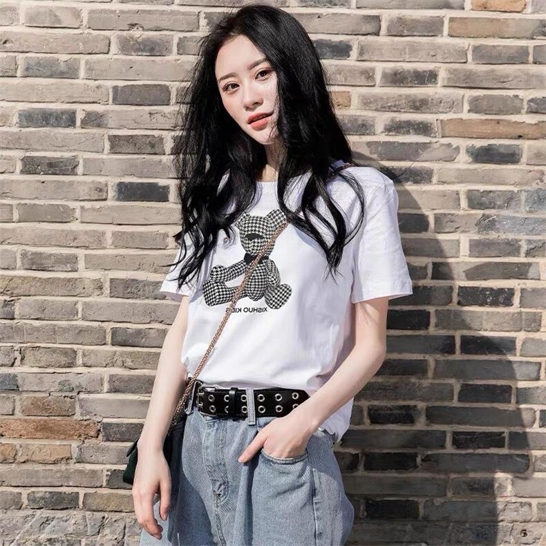 新款夏季抖音网红时尚卡通小熊印花短袖T恤,女装T恤,L·H·X