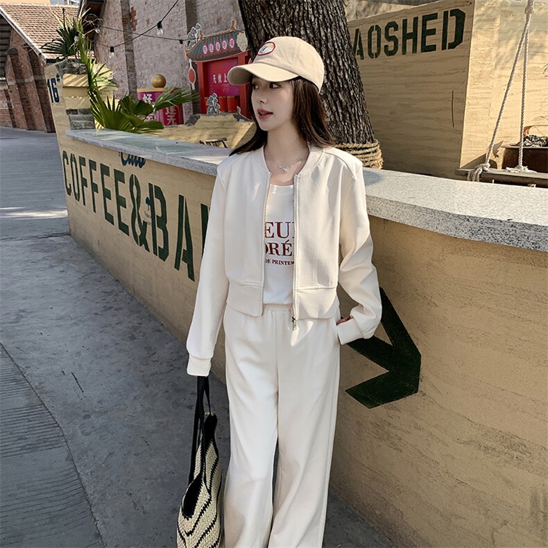 米白色休闲运动套装女2025春季新款韩系超火减龄卫衣阔腿裤两件套,女装套装/套裙,鑫慧