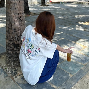 万针全刺绣工艺抖音得物高品质260克重磅纯棉双纱美式高街短袖T恤图片