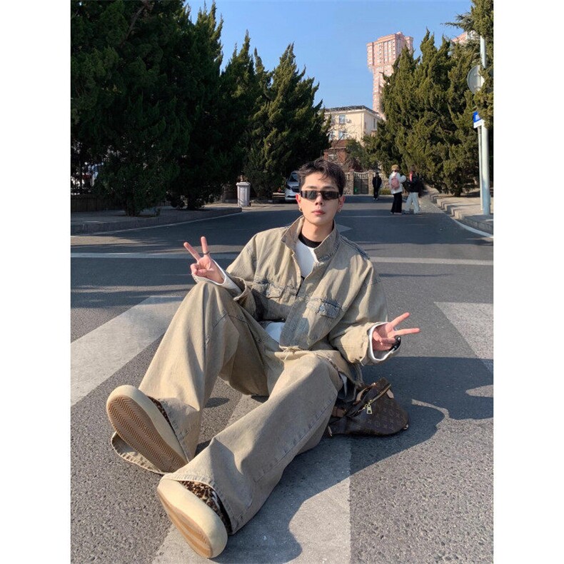 现货黄泥色牛仔夹克废土风宽松痞帅vintage外套JK08626-P63，男装夹克，星座308B-1