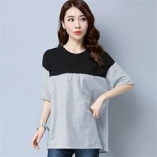 文艺2021年春季短袖宽松T恤气质时尚竖条纹圆领修身928，女装T恤，秋牧寒烟
