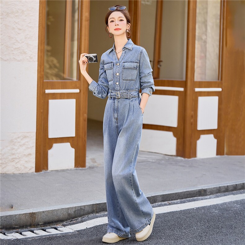 （新款现货）2026春装时尚休闲显瘦工装v领牛仔阔腿腰带连体裤女,女装连体裤,印象茜