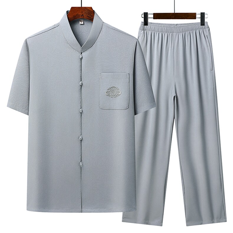 2025夏季薄款高端风绣花冰丝短袖衬衫唐装汉服套装801-P75,男装衬衫,星座1105-3