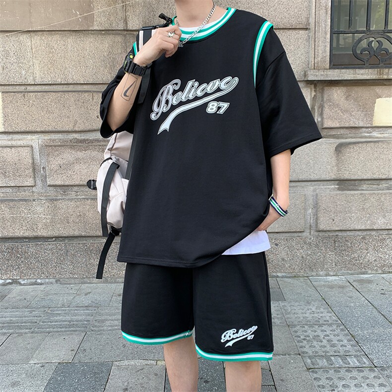 夏季运动休闲套装假两件纯棉球衣男宽松短袖短裤篮球服F311P58,男装休闲套装,电商A086