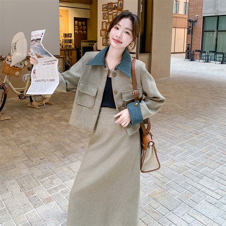 新品主推附买家秀毛呢牛仔拼色两件套705-P195-K278,女装套装/套裙,2C075