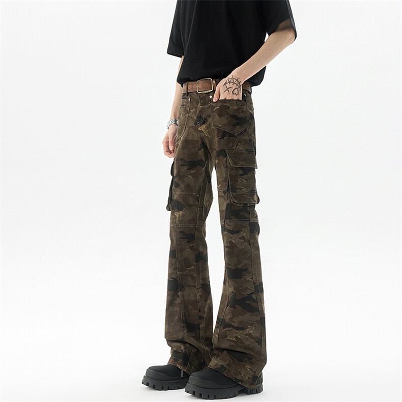 美式复古迷彩微喇牛仔弯刀工装裤男修身显瘦嘻哈伐木裤子KZ042P70,男装牛仔裤,电商B312