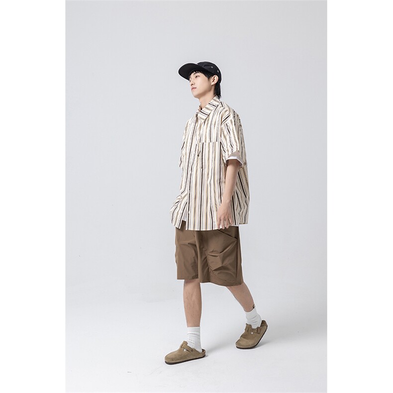 南夏乔装2025夏款拼色条纹翻领衬衫日系潮流cityboy宽松开衫半袖,男装T恤,电商S006（B521）