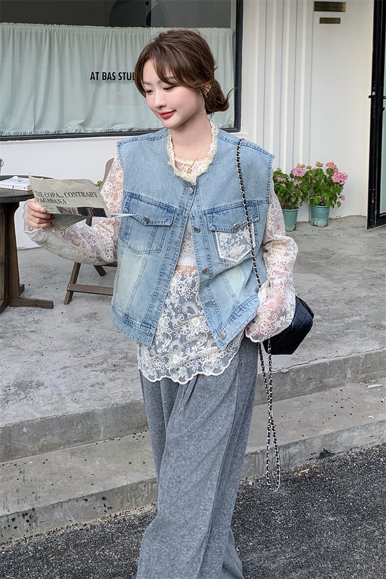 2025年春季牛仔马甲蕾丝打底衫时尚两件套女,女装套装/套裙,秋水欣儿