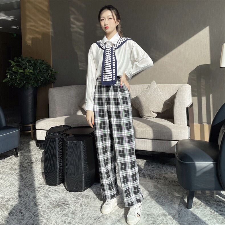 2021春装新款时尚休闲衬衫+格纹阔腿裤两件套套裤,女装套装/套裙,深水步