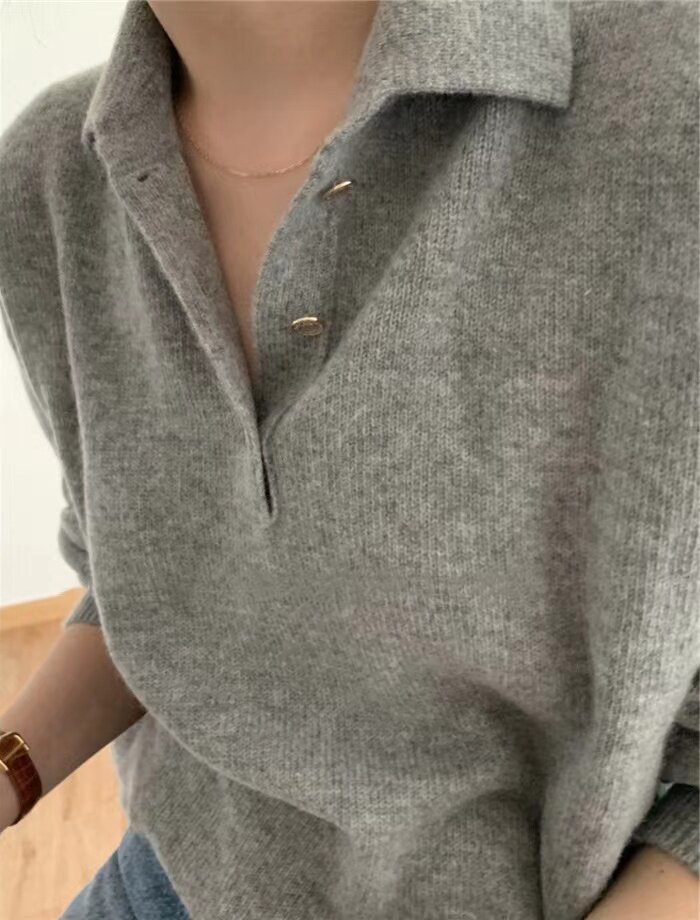 日系POLO领仿羊毛针织衫简约百搭显瘦长袖毛衣,针织衫/毛衣,雪真羊绒