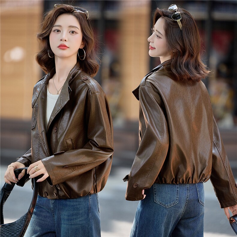 美拉德咖色短皮衣外套女2025秋季新款小个子又酷又飒立领PU皮夹克，女装皮衣，贝蕾酷儿