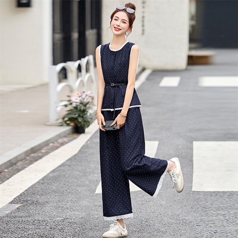 蕾丝花边拼接波点套装裤女2025夏季新款无袖马甲背心阔腿裤两件套,女装套装/套裙,沁沁公主