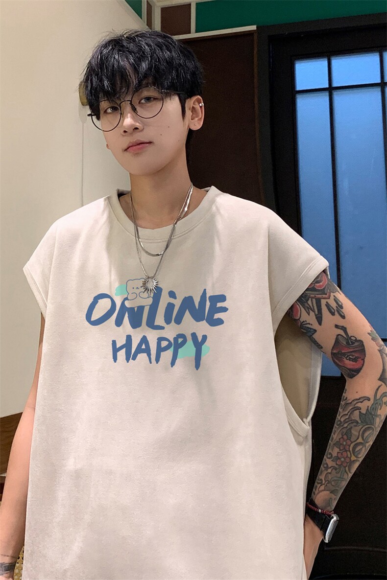 ！2024夏季新款男士麂皮绒无袖T恤潮流青少年背心TLBX18特P18,男装T恤,电商B220