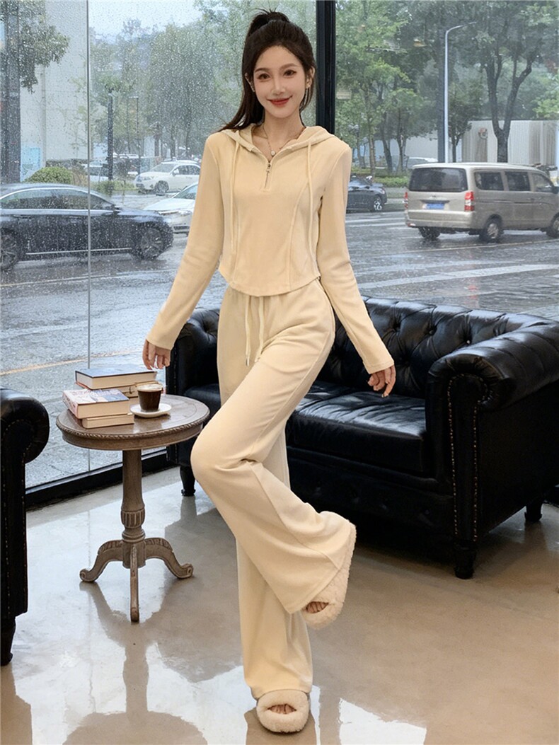 女春季新款休闲运动套装时尚洋气显瘦连帽长袖卫衣阔腿长裤两件套,女装套装/套裙,江南