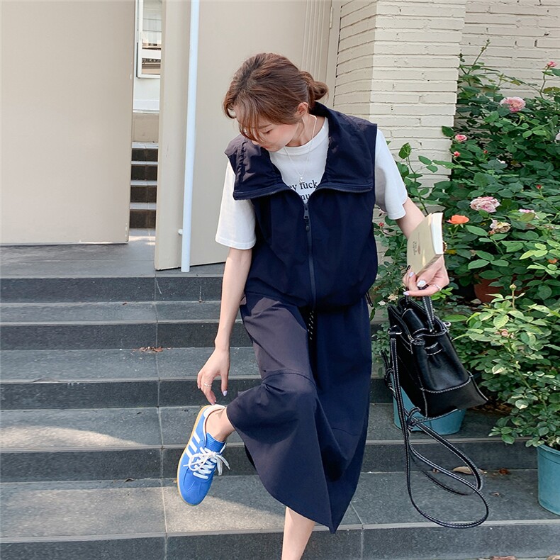 藏青色工装休闲套装裙女2025夏季新款韩系慵懒风马甲半身裙两件套,女装套装/套裙,2C316