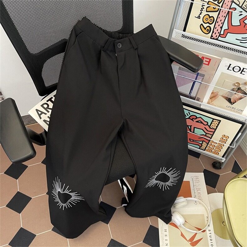 美式刺绣灰色休闲西裤男女弧形垂感阔腿弯刀长裤子K6398-P40，男装西裤，星座412-2