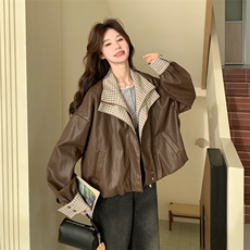 新品格子拼接皮衣外套2C117-1832P165K268，女装短外套，2C117