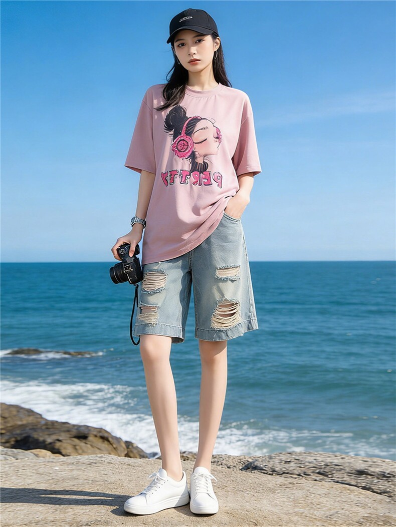 盐系穿搭休闲时尚套装女夏设计感圆领印花短袖破洞牛仔短裤两件套,女装套装/套裙,江南
