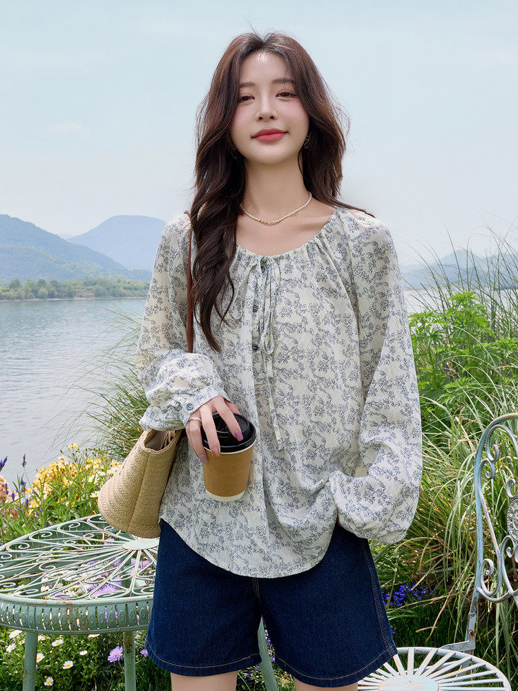 水衣源3730款长袖大圆领可一字肩洋气防晒碎花宽松小衫女,商品下架区,水衣源