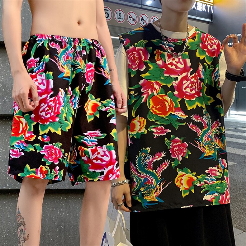 TZ01男士休闲大码东北大花T恤短裤套装男女运动休闲装风特色,男装休闲套装,星座115A(原星座507）