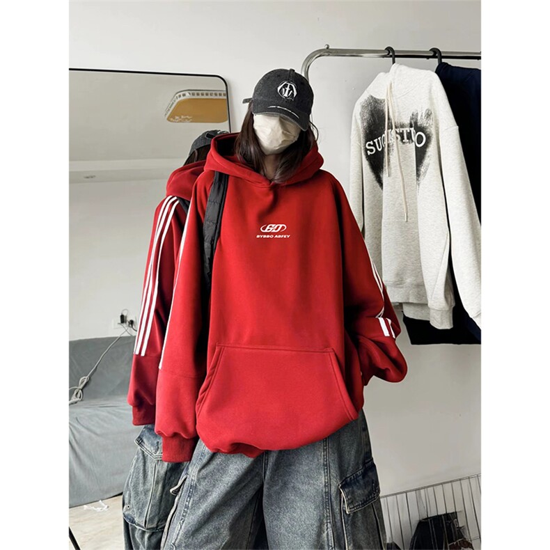抖音得物品质480克全棉加绒织带连帽印花卫衣三条杠针织卫衣A0413,男装卫衣,电商A443