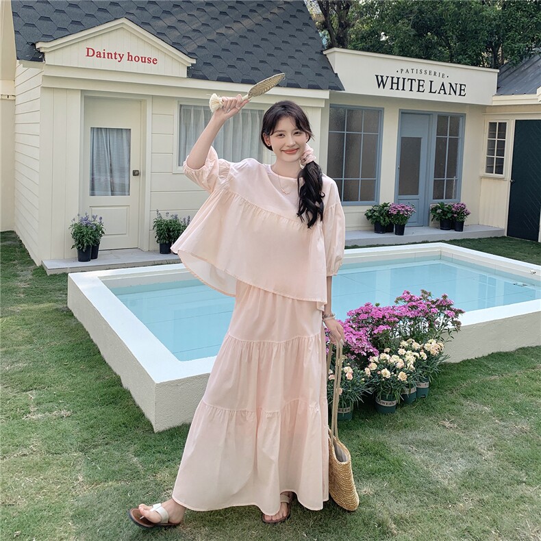 法式小资泡泡袖粉色连衣裙配上衣套装女夏超火好看绝美长裙两件套,女装套装/套裙,浙宝A馆126