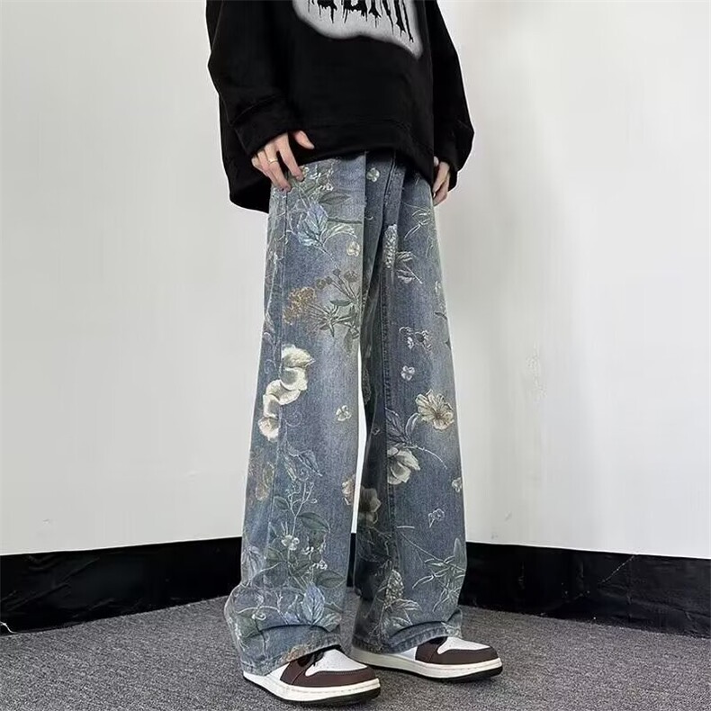 2026美式复古花卉满印水洗牛仔裤情侣宽松直筒拖地裤男女图片