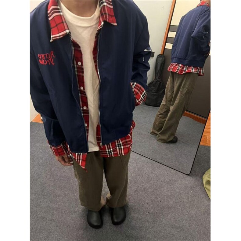 美式复古格子拼接翻领夹克男宽松小众假两件外套常规P59加绒P75,男装夹克,四季星座505