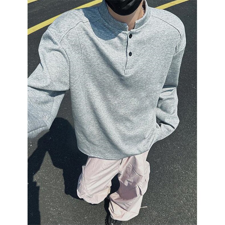 抖音得物品质美式高街重磅曼巴棉拼接cleanfit亨利领卫衣长袖T恤,男装T恤,电商A486