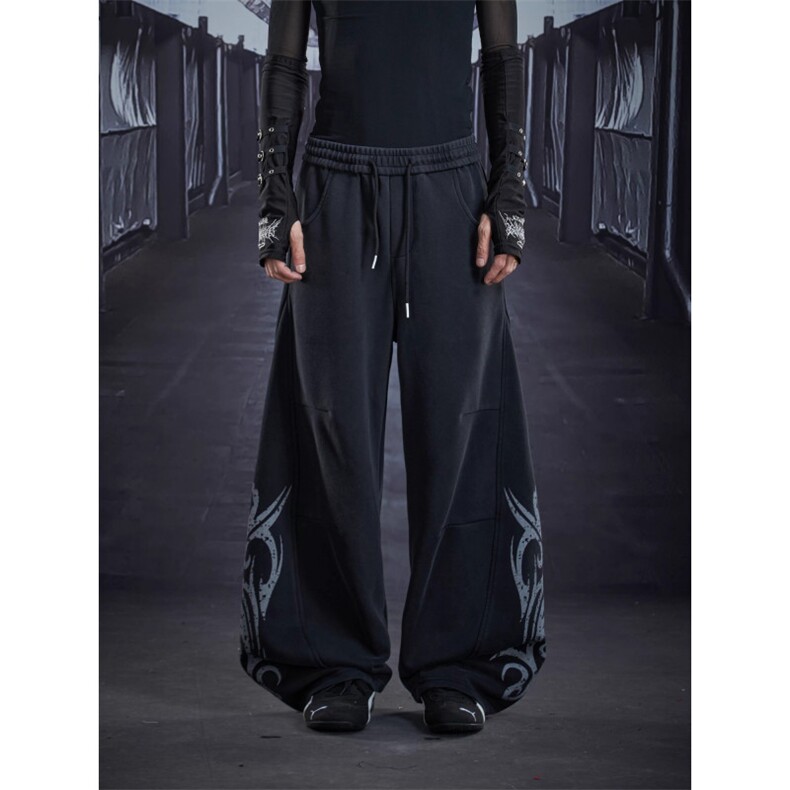 图腾印花做旧弯刀休闲裤卫裤宽松阔腿长裤KZ27-P50，男装休闲裤，星座308B-2