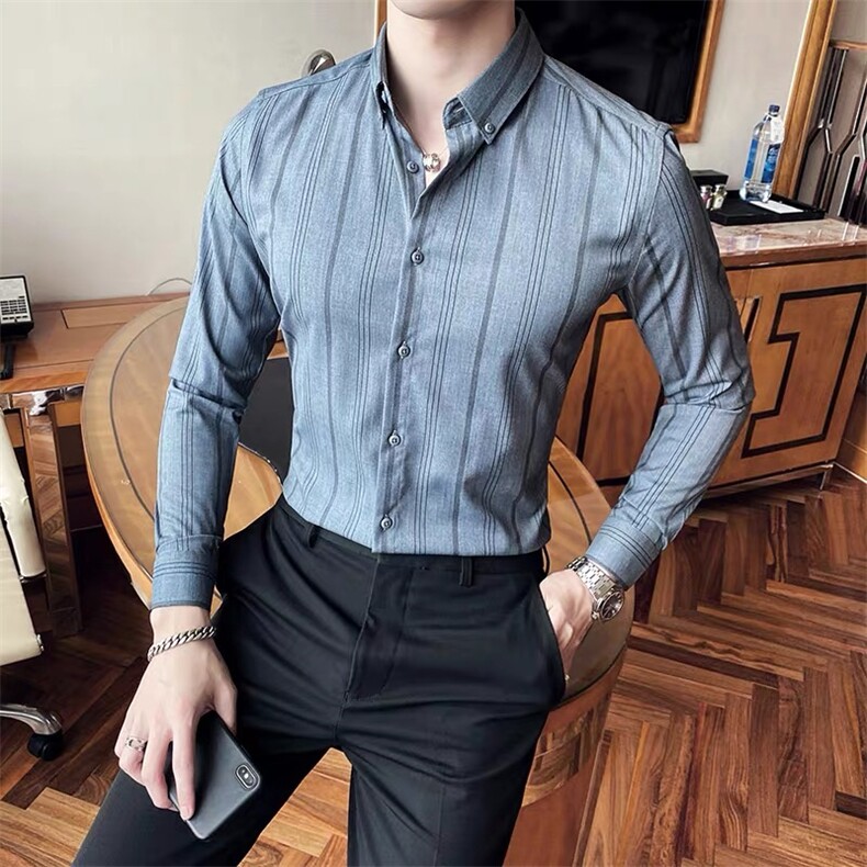 条纹男修身衬衫翻领衬衣打底衫c611-P40，男装衬衫，星座1012